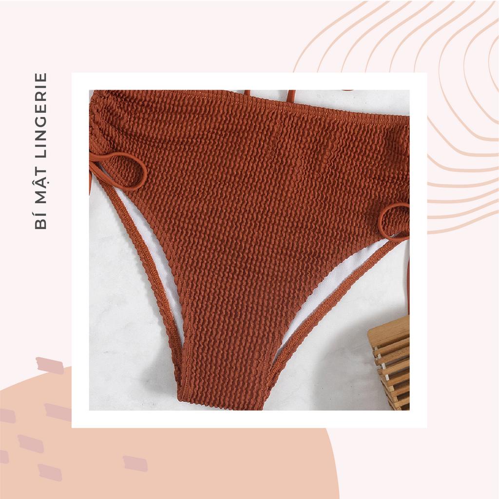 Bikini đồ bơi 2 mảnh cạp cao che bung kín đáo dây rút lưng trần cam đất cao cấp tôn da