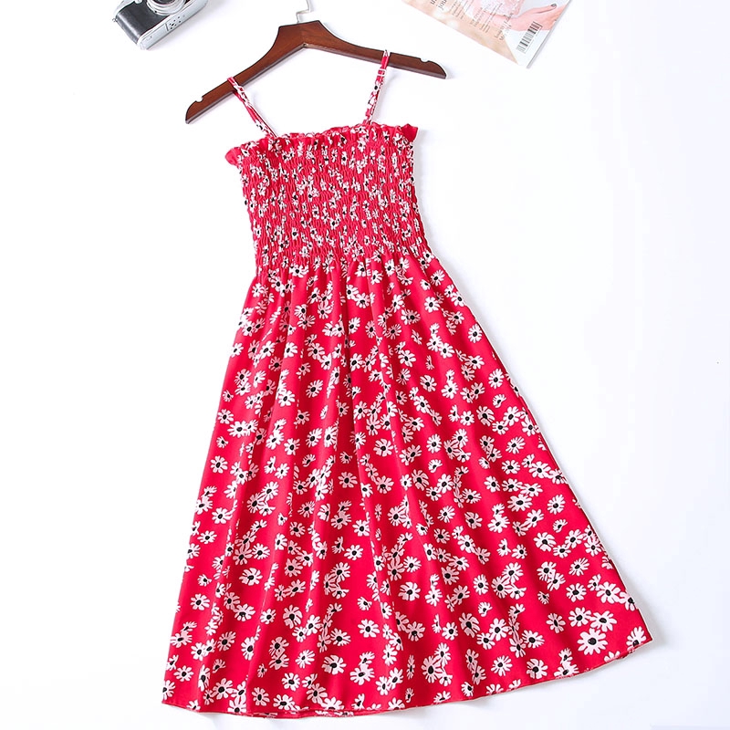 Korea Summer women strapless sexy pleated chiffon bohemian floral dress