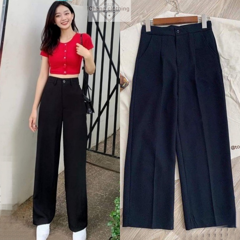 Quần vải ống rộng cạp lưng cao dáng suông đứng dài chất vải đen mềm đi học sinh Quần tây ống rộng khóa trước làm công sở