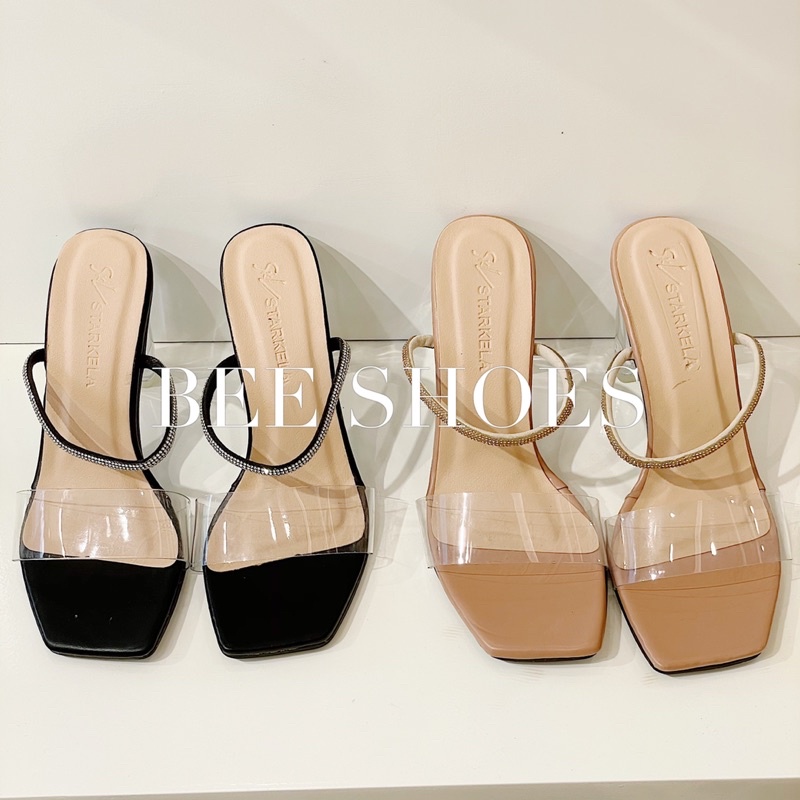 BEESHOES - GUỐC NỮ QUAI TRONG DÂY ĐÁ  MŨI VUÔNG - GUỐC NỮ ĐẾ TRỤ CAO 9CM CÓ SẴN MÀU ĐEN - BE 210683