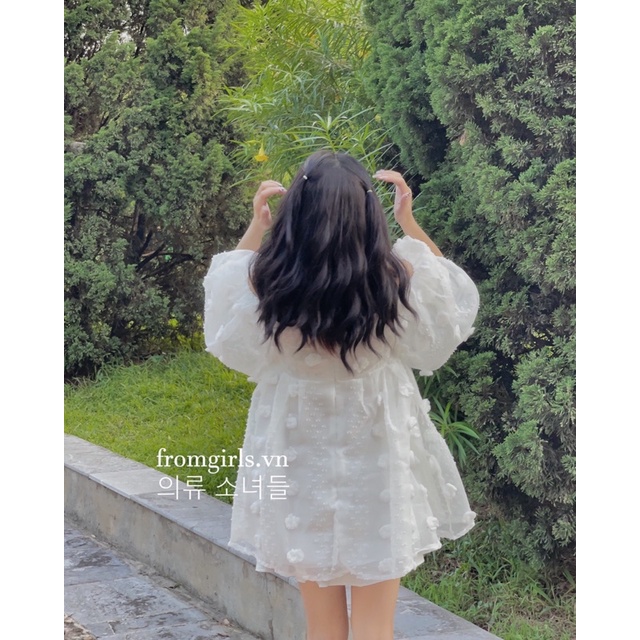 Váy babydoll hoa nổi, đầm trễ vai babydoll tay phồng tiểu thư ulzzang - V81