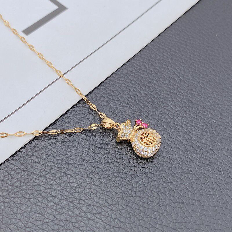 dây chuyền nữ 100% TITAN - KHÔNG GỈ - KHÔNG PHAI MÀU 18k vàng kim cương may mắn Trung Quốc &quot;Fu&quot; Túi tiền mặt vòng cổ
