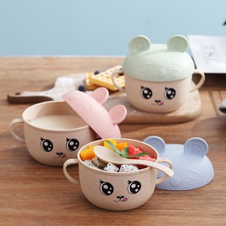 Bát ăn dặm lúa mạch có nắp đậy kèm thìa ngộ nghĩnh cho bé