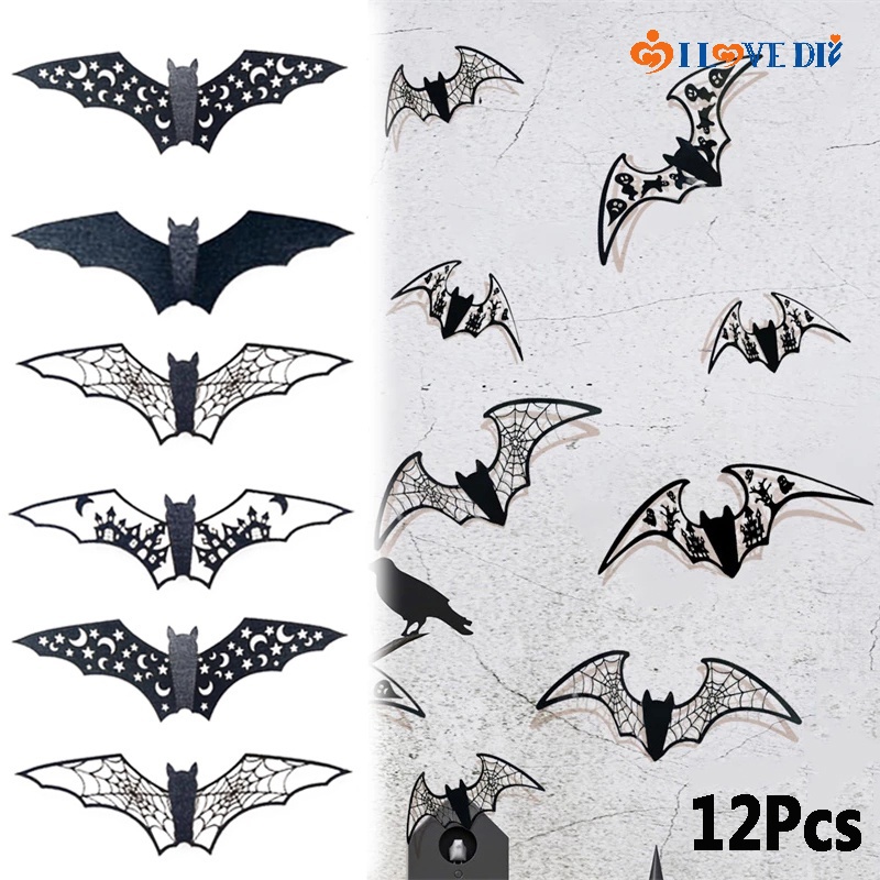 Set 12 Sticker Dán Tường Họa Tiết 3D Hình Con Dơi Đen Trang Trí Halloween Bắt Mắt