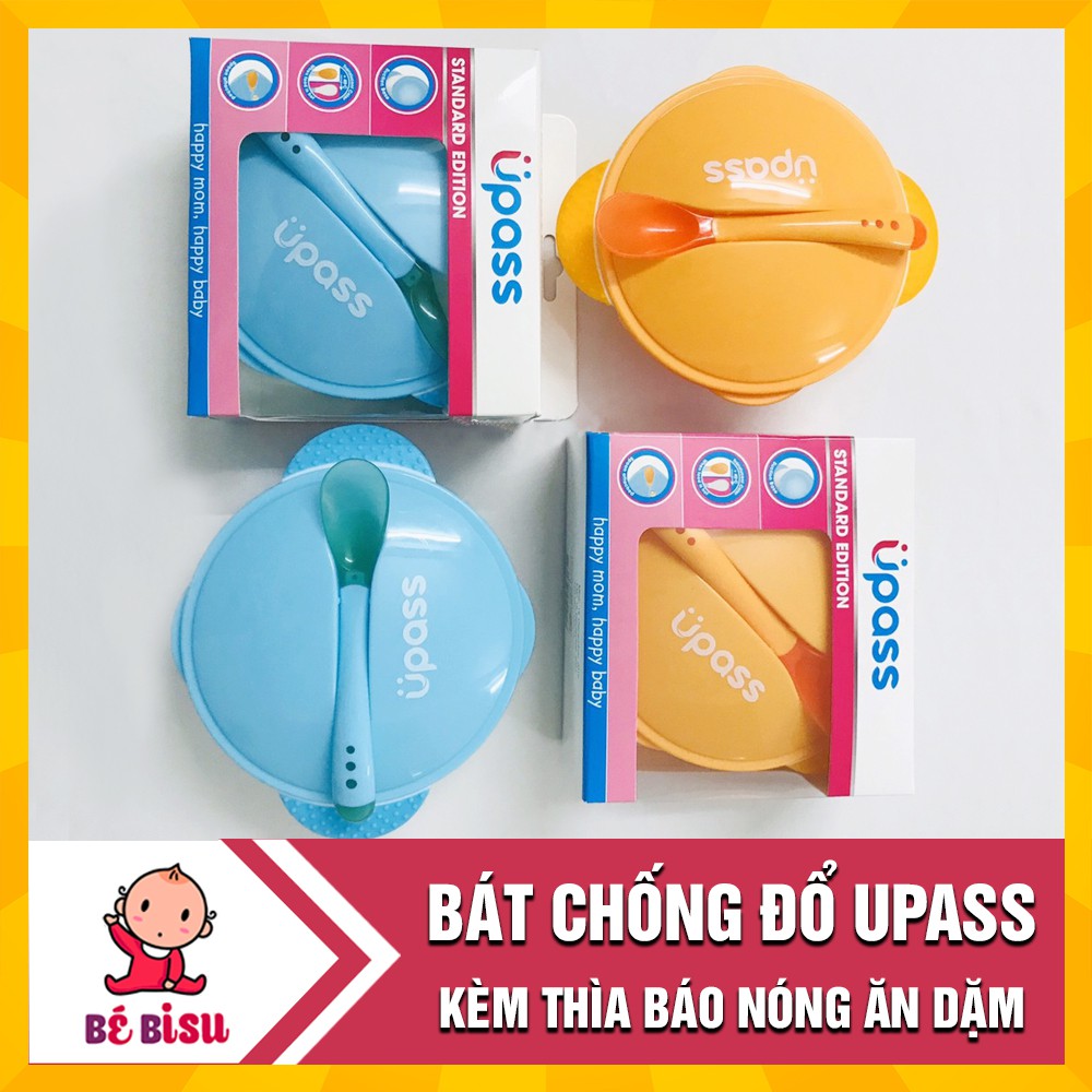 Bát chống đổ Upass Thái Lan kèm Thìa báo nóng ăn dặm cho bé