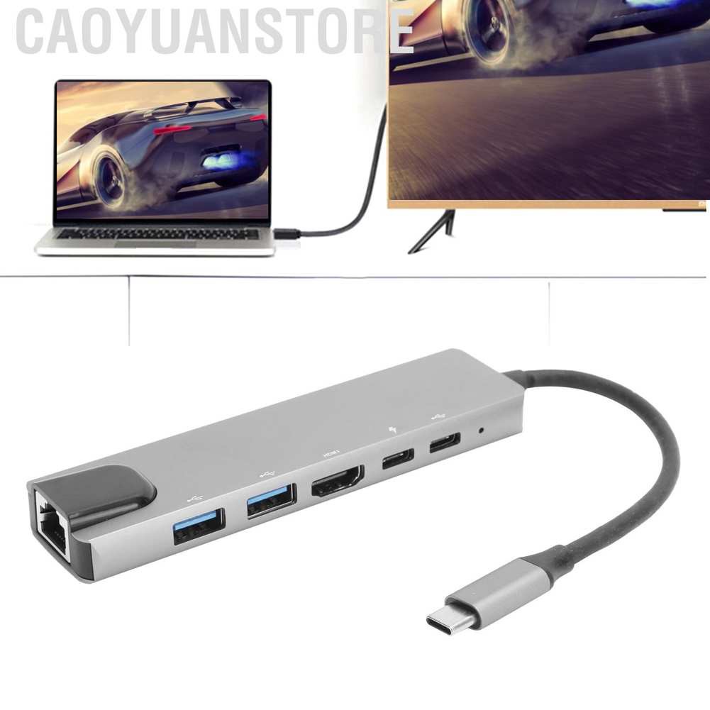 Caoyuanstore 6 in 1 USB-C Hub Type-C to USB 3.0 HDMI RJ45 PD Adapter Converter Cable 4K 30 SS