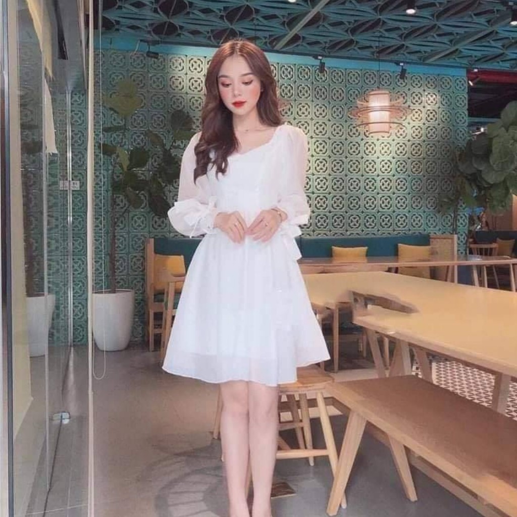 Đầm trắng dáng xòe cổ vuông phối nút bọc tay nơ [KÈM ẢNH THẬT] | BigBuy360 - bigbuy360.vn