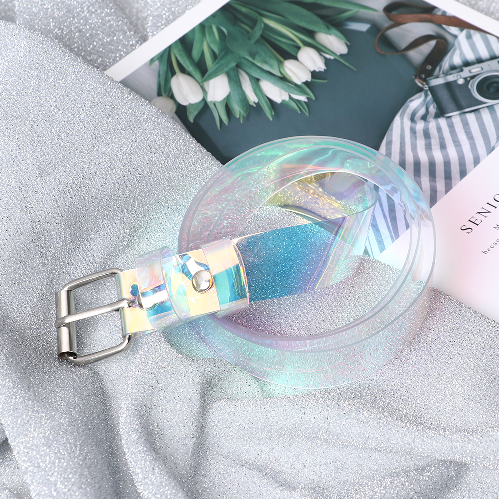 Thắt lưng màu Hologram trong suốt phối khóa kim loại cho nữ