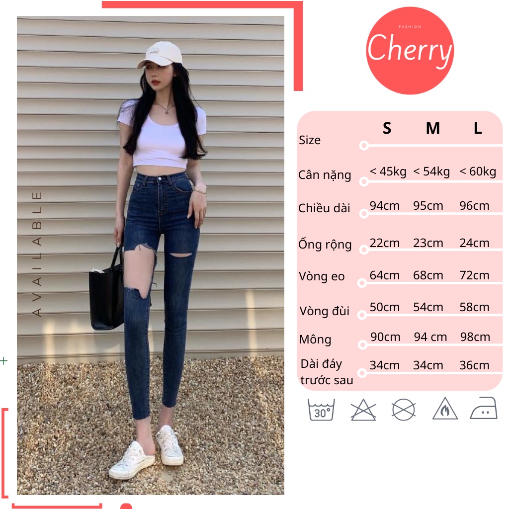 Quần jean nữ CHERRY rách gối co giãn, quần bò nữ cạp cao rách gối dáng ôm chất vải đẹp cao cấp T020 | BigBuy360 - bigbuy360.vn