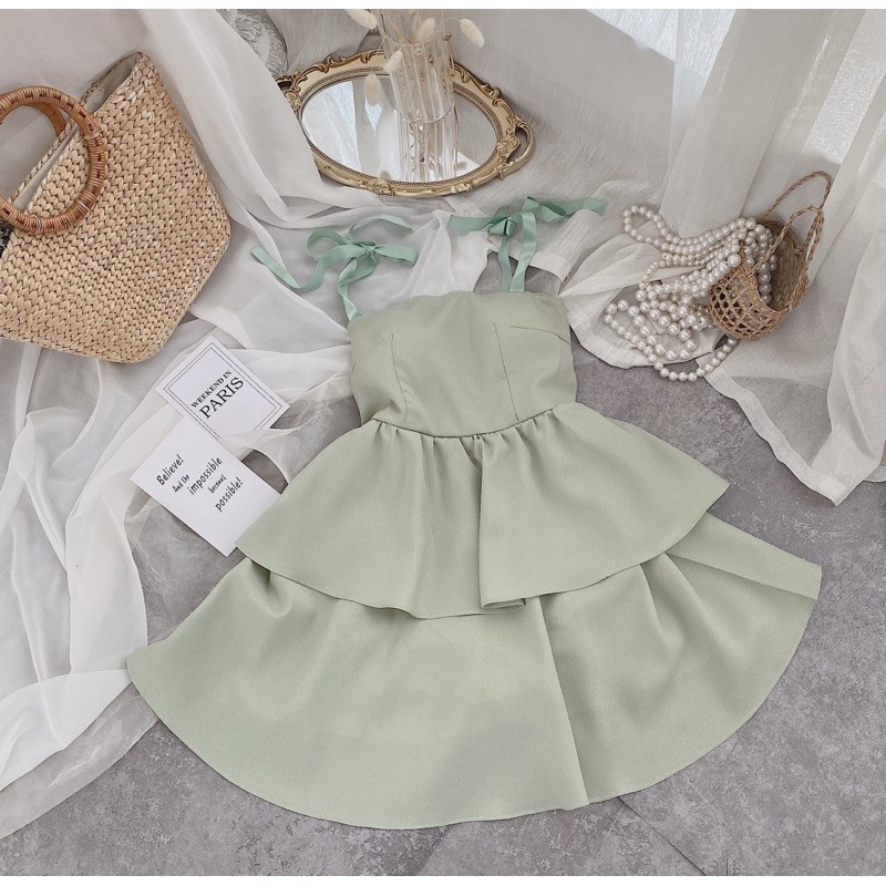 ĐẦM XOÈ NHẸ TẦNG 3 MÀU NƠ VAI