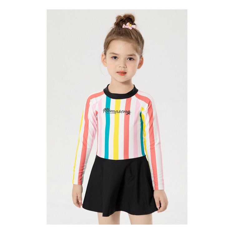Bộ bơi bé gái dài tay trắng kẻ hồng xanh, liền chân váy, Momasong Korea