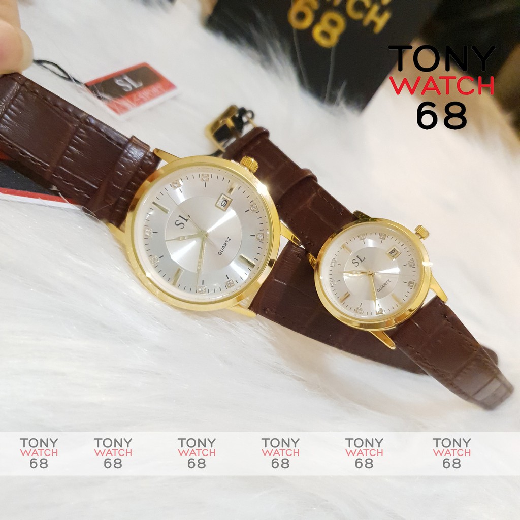 Cặp đồng hồ đôi nam nữ SL dây da chính hãng có lịch chống nước Tony Watch 68