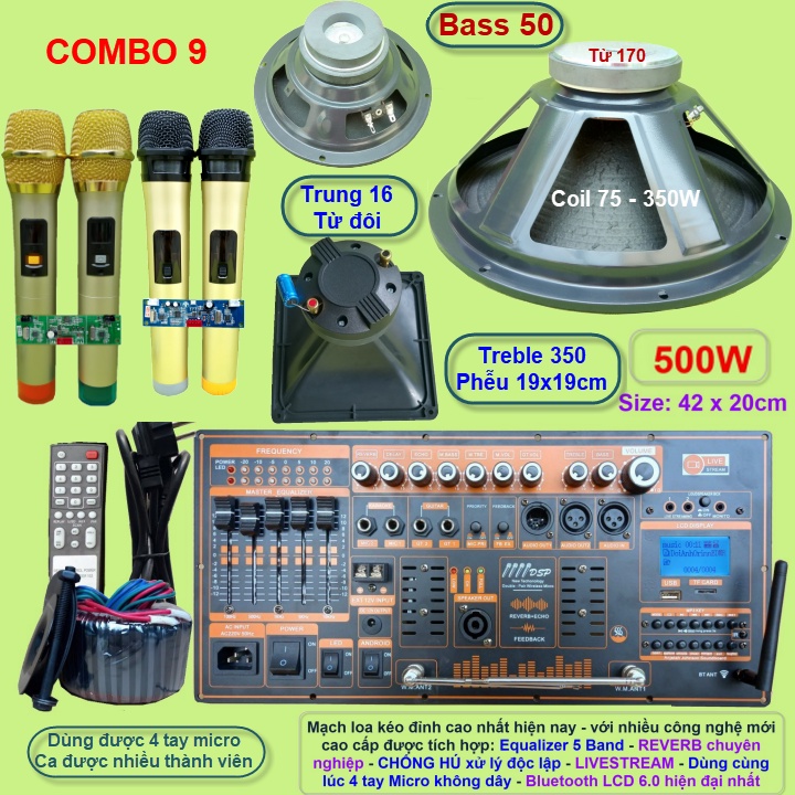 Mạch loa kéo 5 tấc đơn 500W Reverb chống hú DSP Livestream Equalizer 5 Band  kèm 4 tay Micro