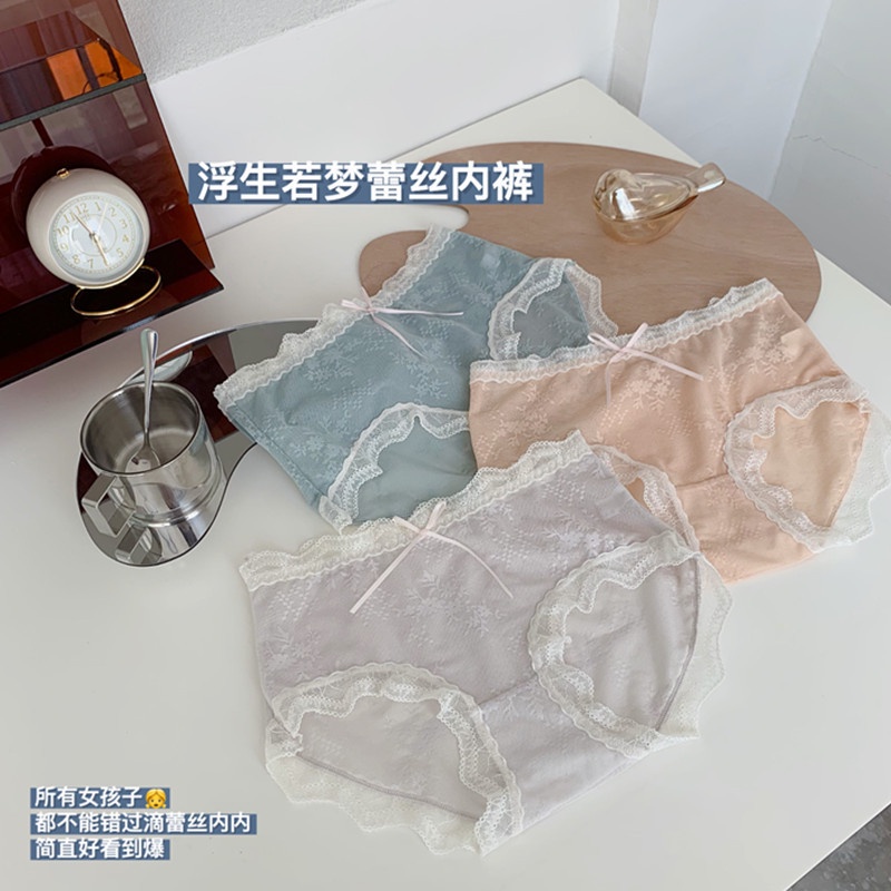 Quần Lót cotton Phối Ren Lưới Lưng Cao Thoáng Khí Đính Nơ Đáng Yêu Cho Nữ