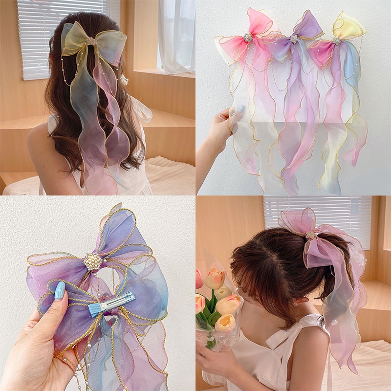 Kẹp tóc hình nơ vải lưới phối dây ruy băng kiểu Nhật Bản Hàn Quốc thời trang mùa hè cho nữ