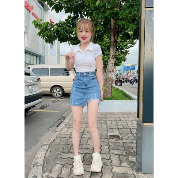 Chân váy jean chữ a ngắn , chân váy jean rách cá tính có lót trong  alohashop91