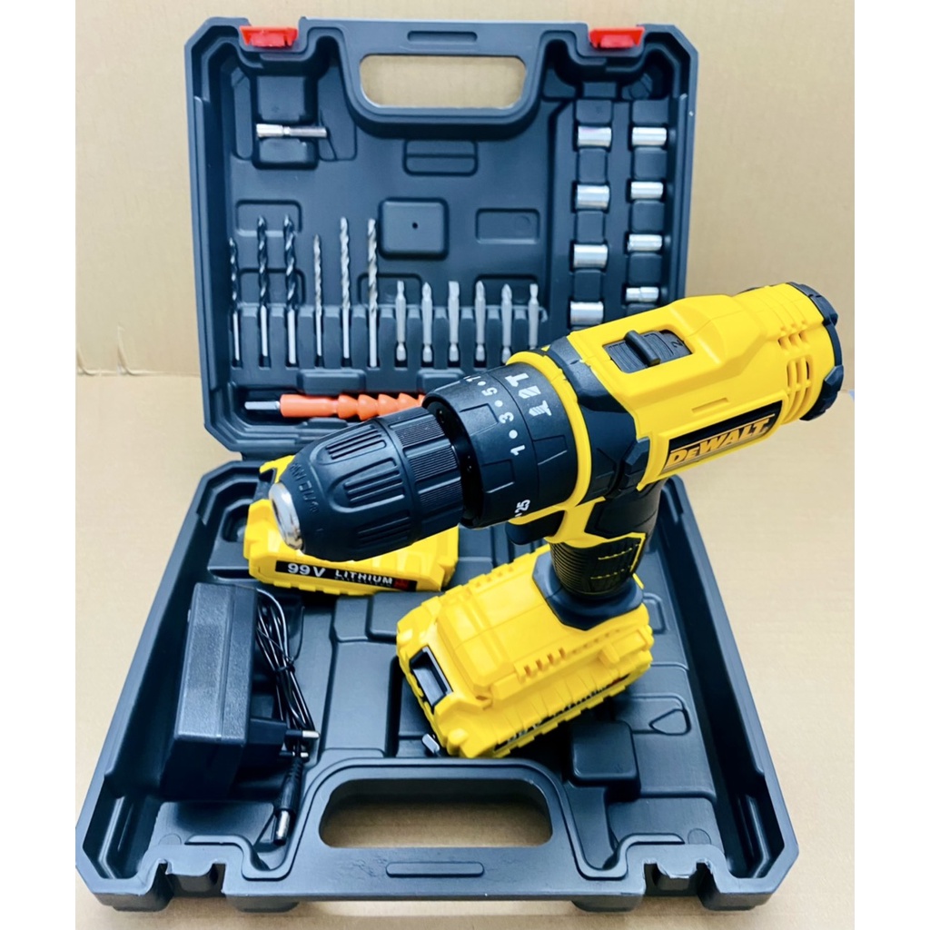 Máy khoan pin 99V DEWALT 3 chức năng có búa / Chuyên khoan tường, khoan sắt, khoan gỗ, tặng kèm bộ phụ kiện 24 chi tiết
