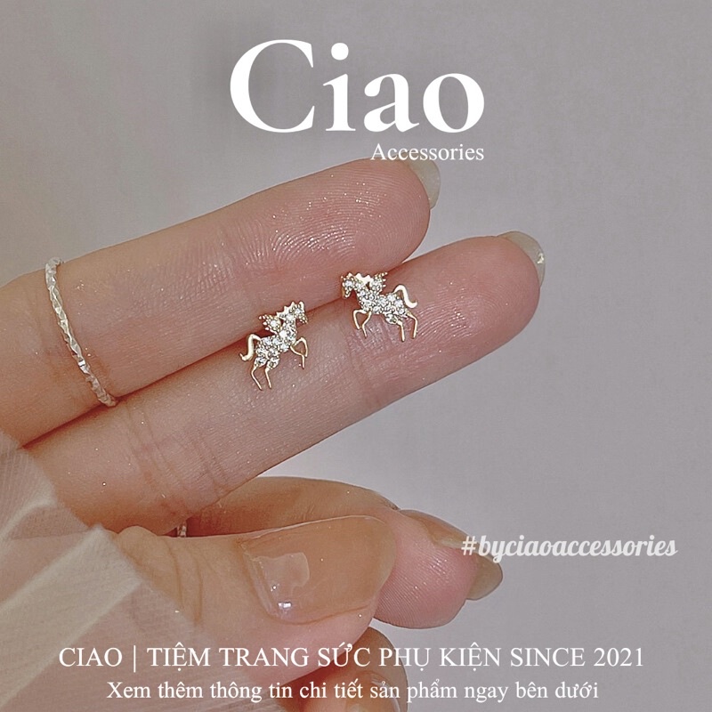 [HOẢ TỐC 1H] Khuyên tai/ Bông tai mạ bạc S925 thiết kế hoạ tiết đính đá Unicorn Tiny Ciao