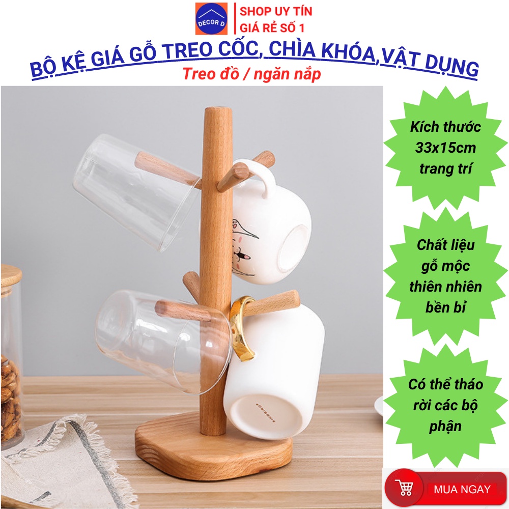 Giá treo đồ, Giá để cốc, Giá treo ly 6 móc bằng gỗ thông cao cấp trang trí Décor bển bỉ bảo hành mối mọt