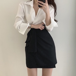Set chân váy lệch tà công sở kèm áo sơ mi basic ( Ảnh thật)