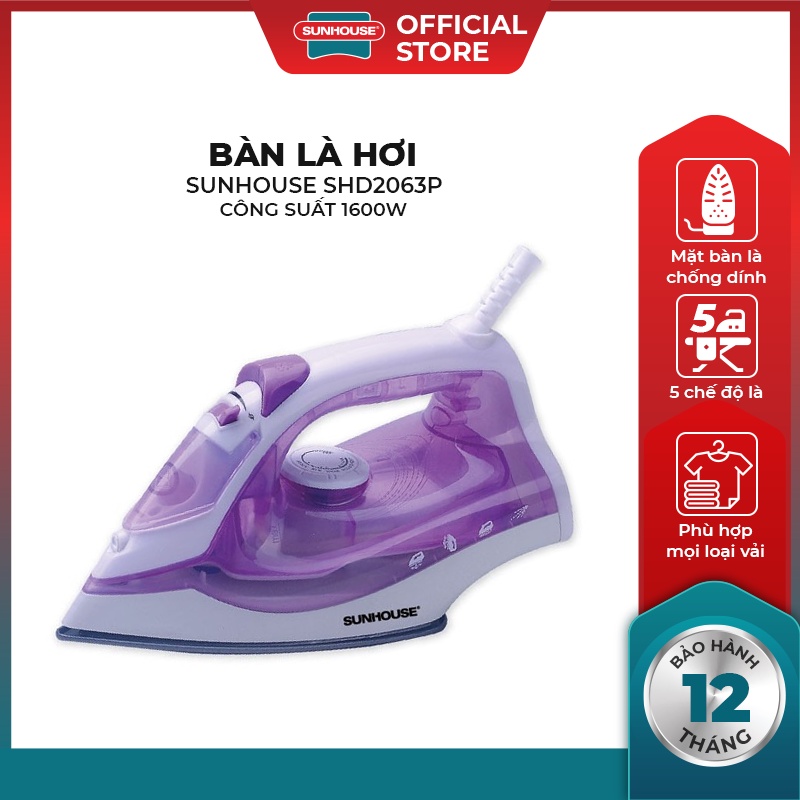 Bàn là hơi SUNHOUSE SHD2063P màu tím 5 chế độ là chuyên biệt phun hơi nước thông minh có thể là đứng quần áo treo - Công
