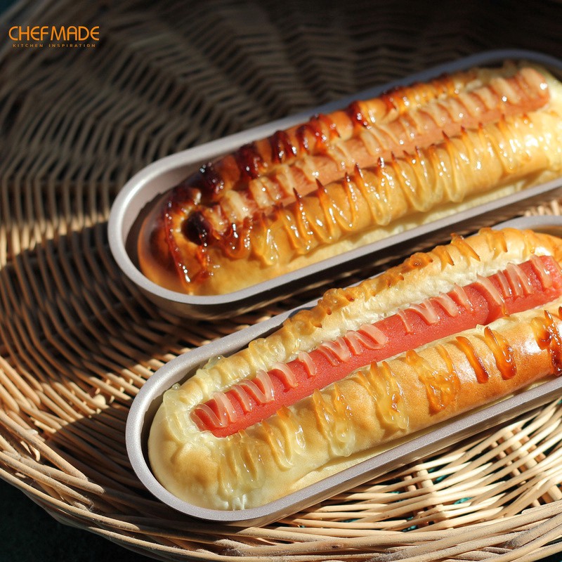 HotSale！ Khuôn làm bánh mì hotdog CHEFMADE WK9105 hình oval không dính kích thước 7 inch