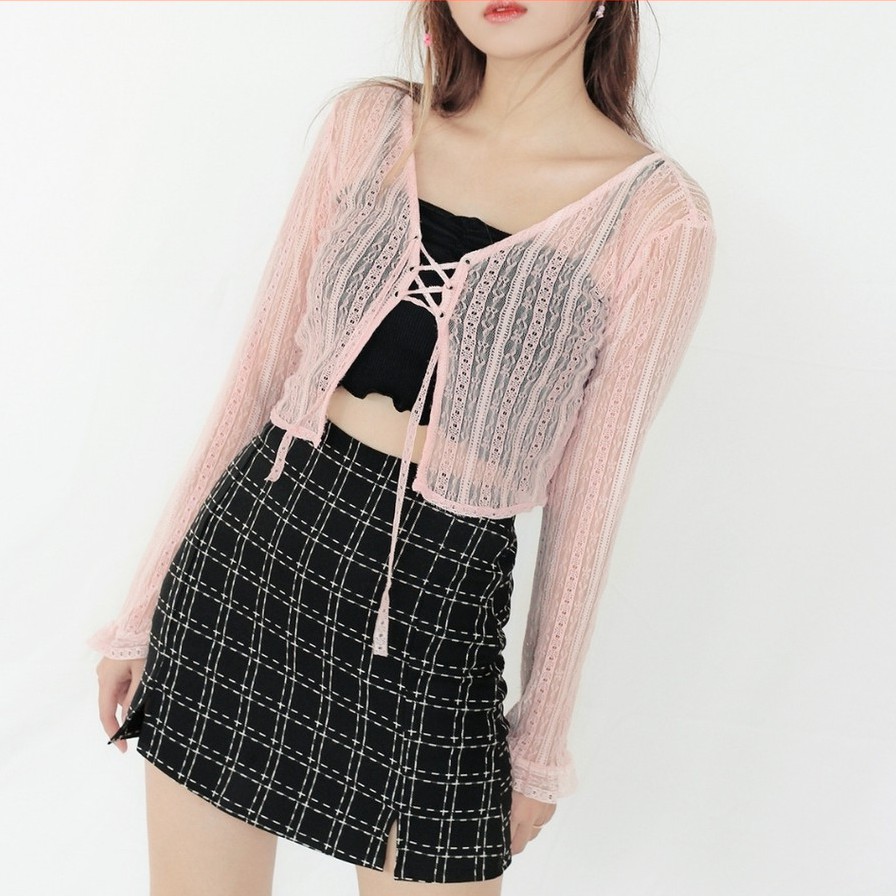 Áo cardigan ren tay dài hồng pastel và đen DALLA SAIGON
