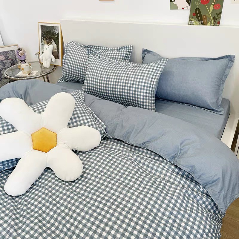 Bộ chăn ga gối cotton poly Lidaco decor phòng ngủ vintage - Kẻ ô xanh dương (SP001454)