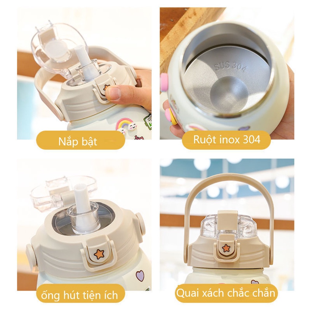 Bình giữ nhiệt cute 800ml cho bé có ống hút dễ thương, Bình nước giữ nhiệt 900ml cute có dây đeo inox 304 tặng sticker