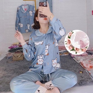 [HÀNG MỚI VỀ] BỘ PIJAMA LỤA SATIN DÀI TAY CỔ SEN HỌA TIẾT MÈO DỄ THƯƠNG
