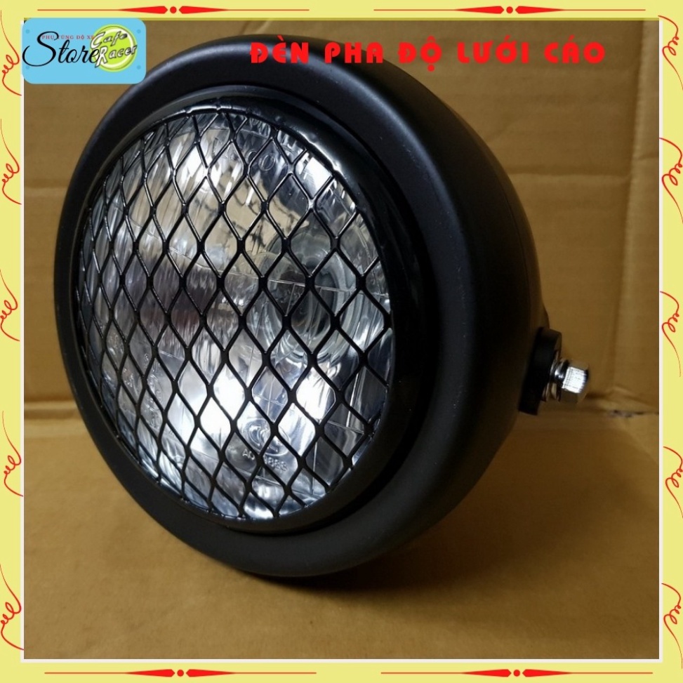 Đèn pha xe máy độ 6,5 icnh cho dòng xe classic gáo sắt sơn đen mặt kính thủy tinh sẵn lưới mắt cáo