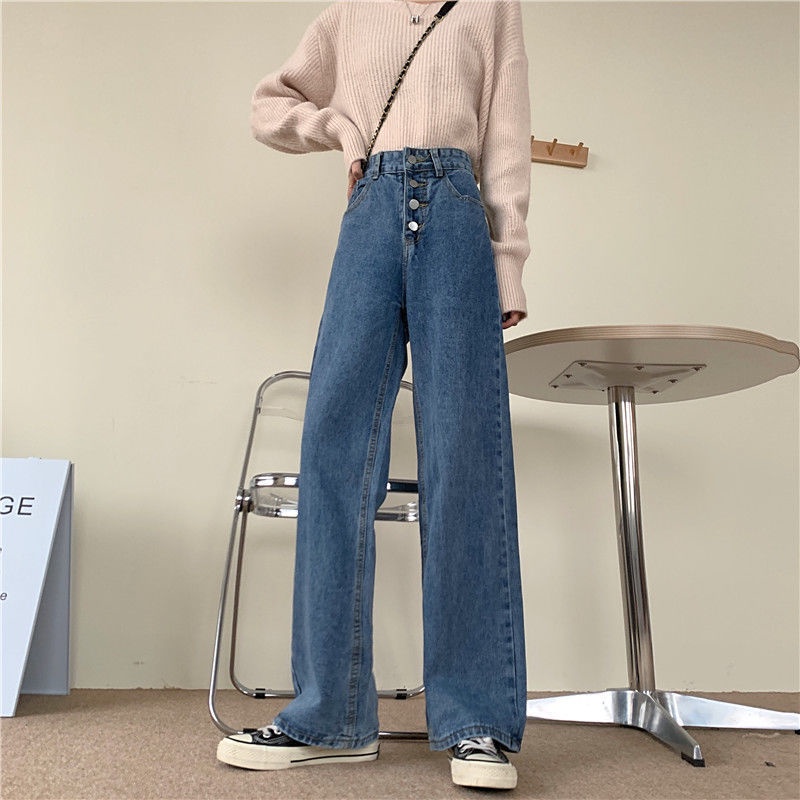 IELGY Quần denim Lưng Cao Dáng Rộng Màu Xanh Dương Phong Cách Hàn Quốc Thời Trang Cho Nữ