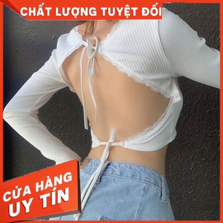 xia Áo Lửng Tay Dài Phối Ren Hoa Thiết Kế Hở Lưng Gợi Cảm - Hàng nhập khẩu