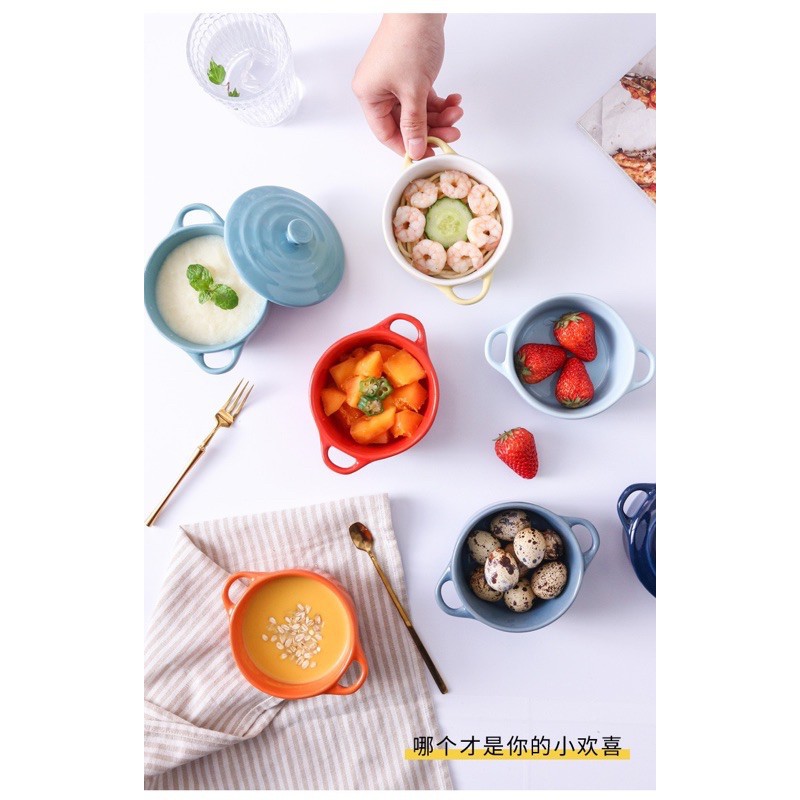 Bát sứ ăn dặm hình tròn 2 tai có nắp - Nhiều màu