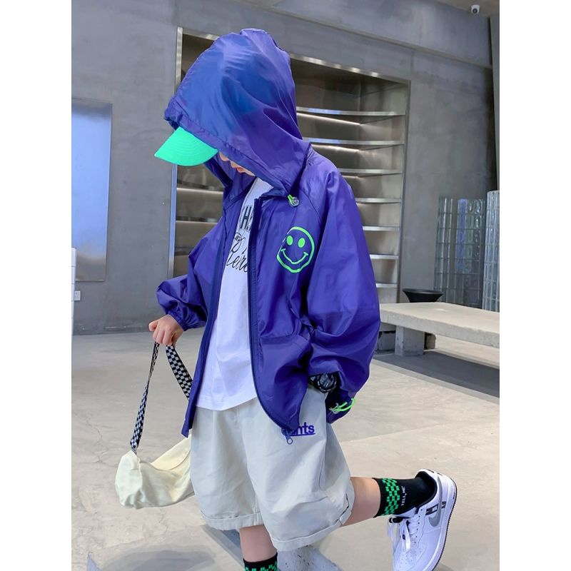 Áo Khoác Chống Nắng Bằng Lụa Lạnh Siêu Mỏng Thoáng Khí Họa Tiết Hoạt Hình Có Mũ Trùm Cho Bé Trai