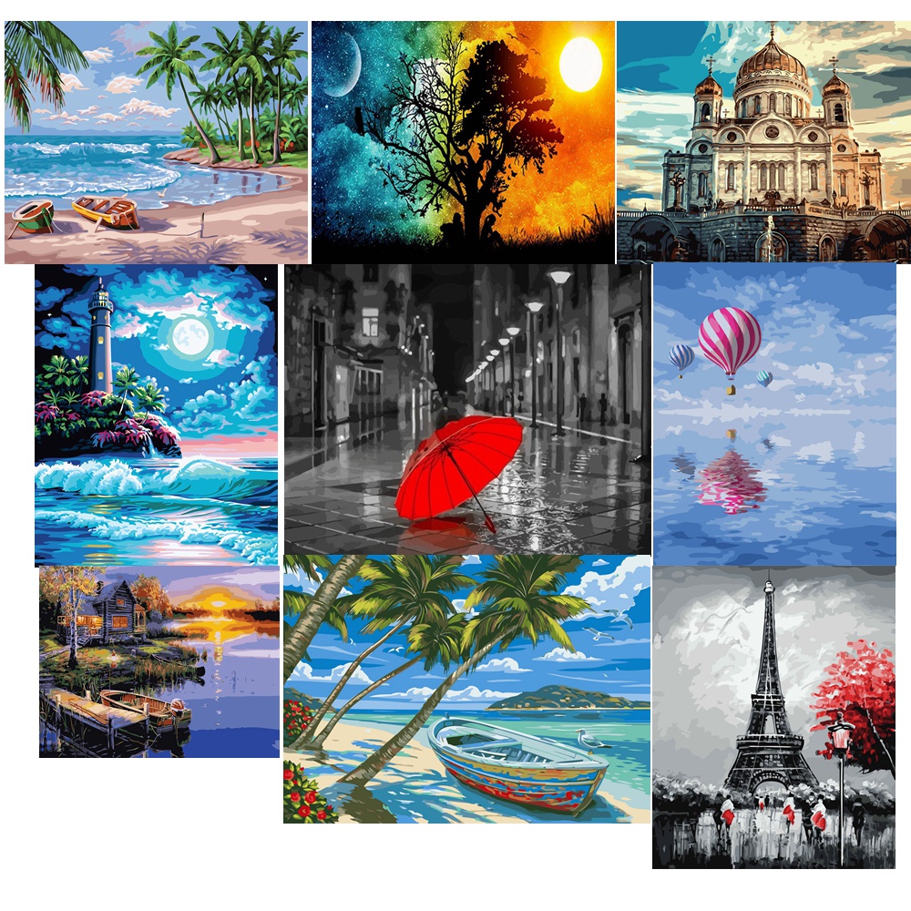 Bộ Tranh Sơn Dầu 40x50cm Tự Làm Hình Phong Cảnh Lâu Đài Trên Bãi Biển