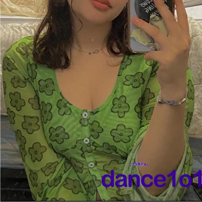 Áo Croptop Tay Loe Dài In Hoa Thời Trang Cho Nữ