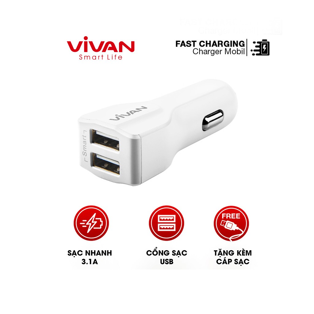 [Mã ELRVA30K giảm 7% đơn 99K] Sạc Xe Hơi VIVAN CC02S 2 Cổng USB Hỗ Trợ Sạc nhanh 5V/3.1A - BẢO HÀNH 1 ĐỔI 1 CHÍNH HÃNG