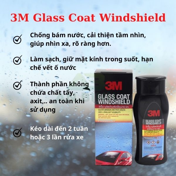 Chai Chống Bám Nước Trên Kính Xe 3M Glass Coat Windshield - Hạn Chế Vết Ố Nước PN08889LT 200ml