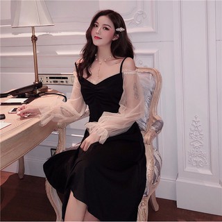 Đầm ulzzang tiểu thư phối lưới trễ vai UL025