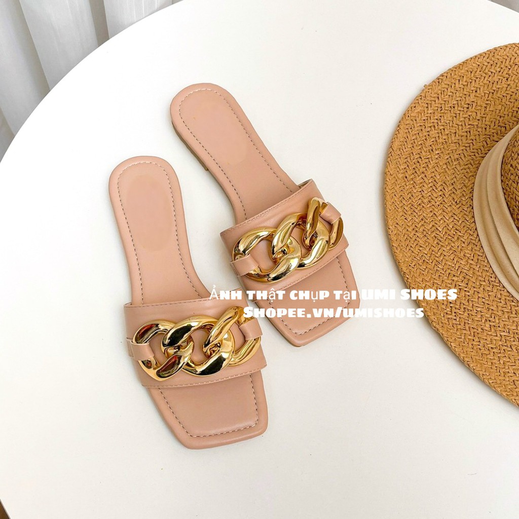 [SẴN-NOWSHIP HN] Dép nữ quai ngang móc khóa xích bản to sáng chân mũi vuông đế bệt thời trang nhẹ nhàng mới hot đẹp xinh