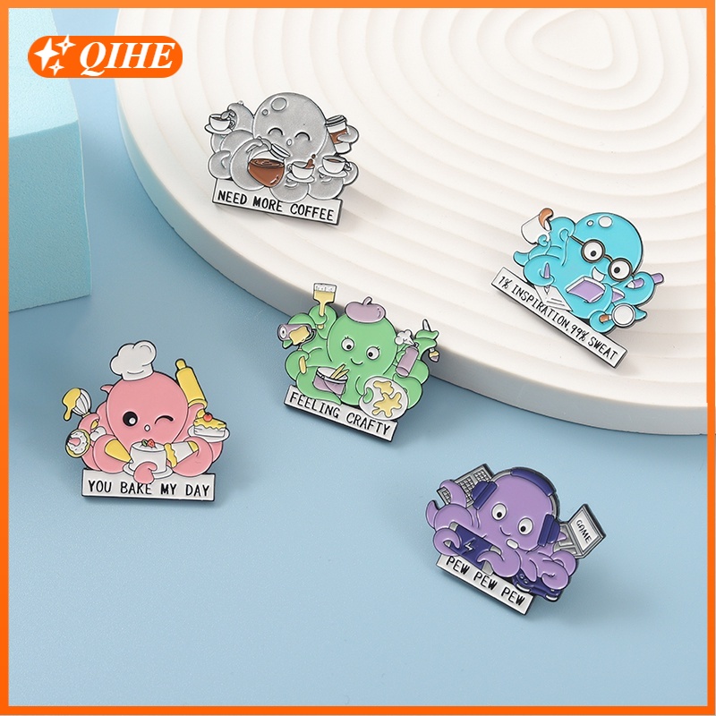 Ghim cài áo QIHE JEWELRY hình bạch tuộc hoạt họa làm từ hợp kim