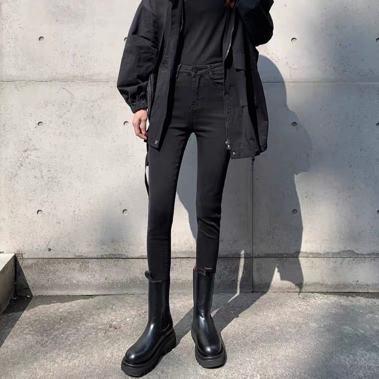 Quần Jeans Nữ Dài Lưng Cao Ôm Chân Màu Đen / Xám Khói Phong Cách Hàn Quốc