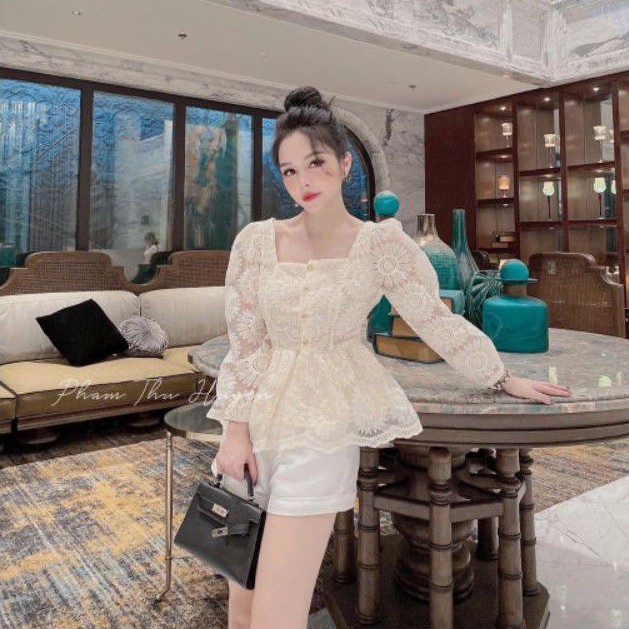 ÁO REN HOA CÚC CỔ VUÔNG BO EO‼️
