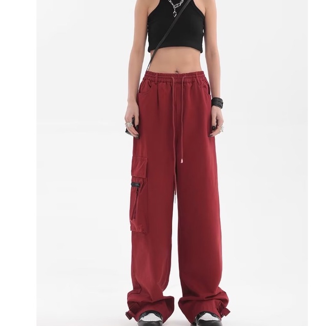 Quần ống rộng Có Túi Thời Trang Nam Nữ Quần Yếm hiphop Màu màu xanh lá couple Lưng Cao Ống Rộng Phong Cách Retro nam