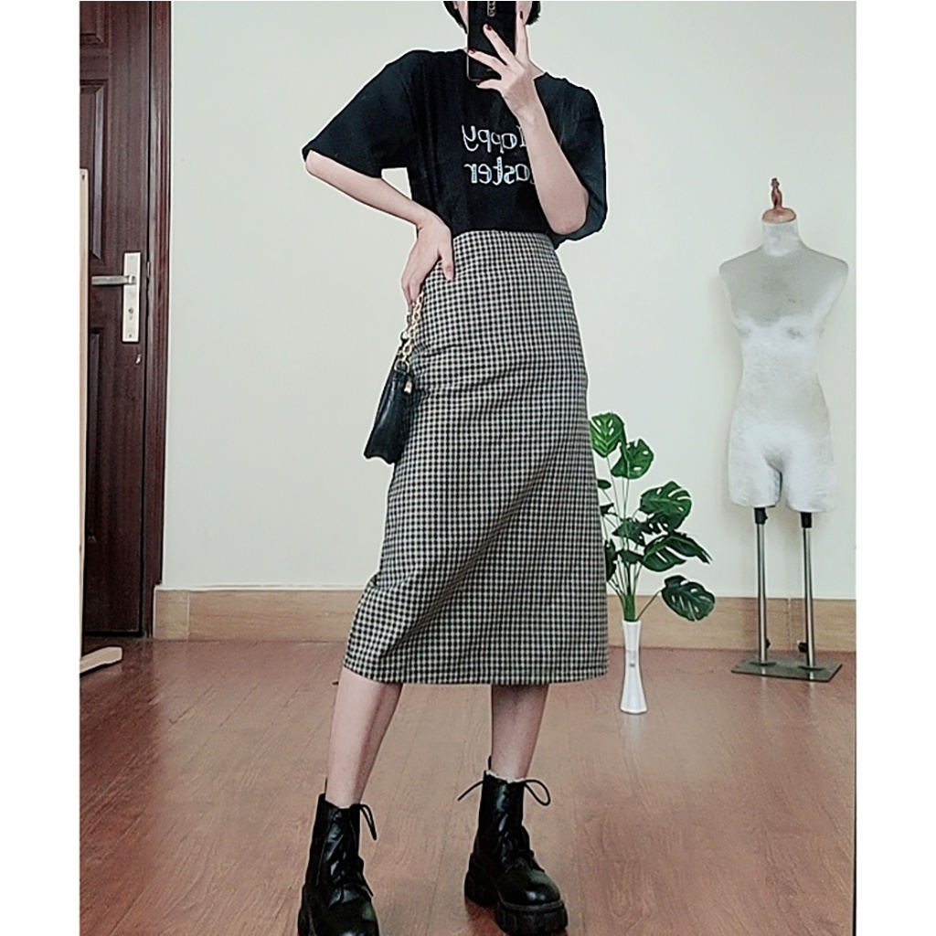 Chân váy dài, chân váy bút chì, chân váy midi ulzzang xẻ tà hoạ tiết caro SK009