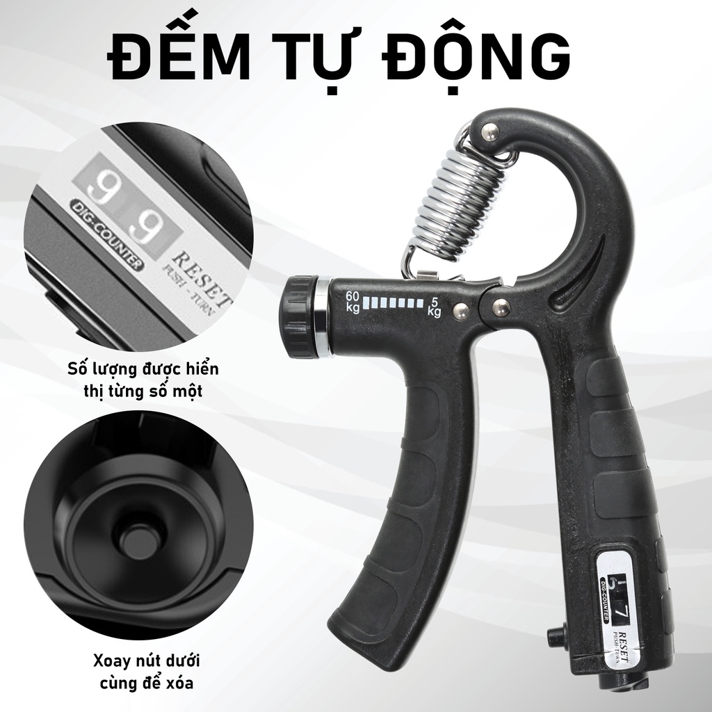 Kìm bóp tay, dụng cụ tập cơ tay, kìm tập cơ tay tập gym điều chỉnh lực 5-60kg có bộ đếm