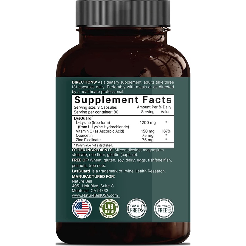 Viên L-Lysine 1500mg - 240 Viên + Quercetin + Zinc Kẽm - Giảm Mụn - Ngăn Ngừa Mụn - NOW - NatureBell