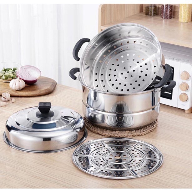 [Free Ship] Nồi Hấp inox 3 Tầng Cỡ Lớn-Bộ nồi hấp inox Steamer Size 28cm Đa Năng Cao Cấp Dùng Cho Mọi Loại Bếp