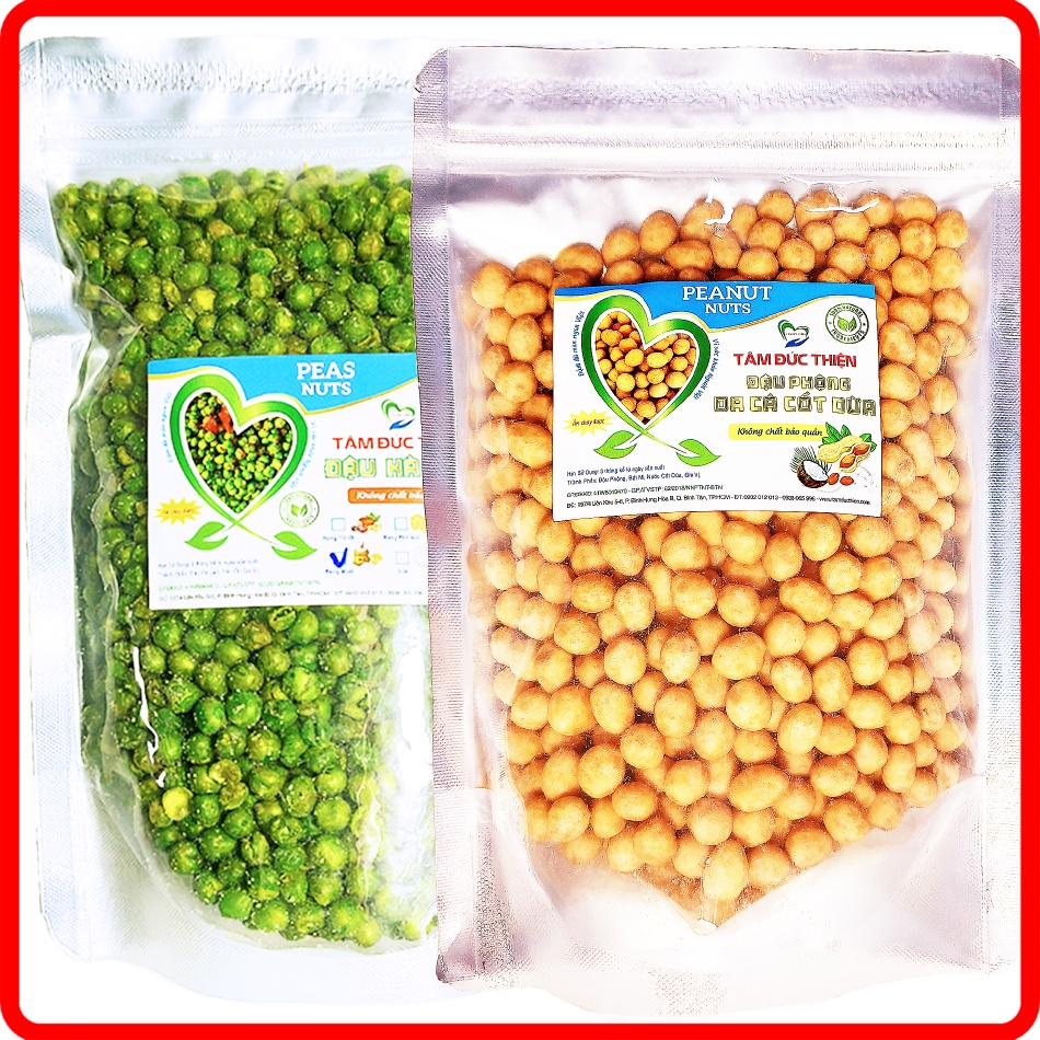 Combo 1KG: Đậu Phộng Da Cá Nước Cốt Dừa và Đậu Hà Lan Rang Muối Tâm Đức Thiện 2 x Túi 500GR Đồ ăn vặt